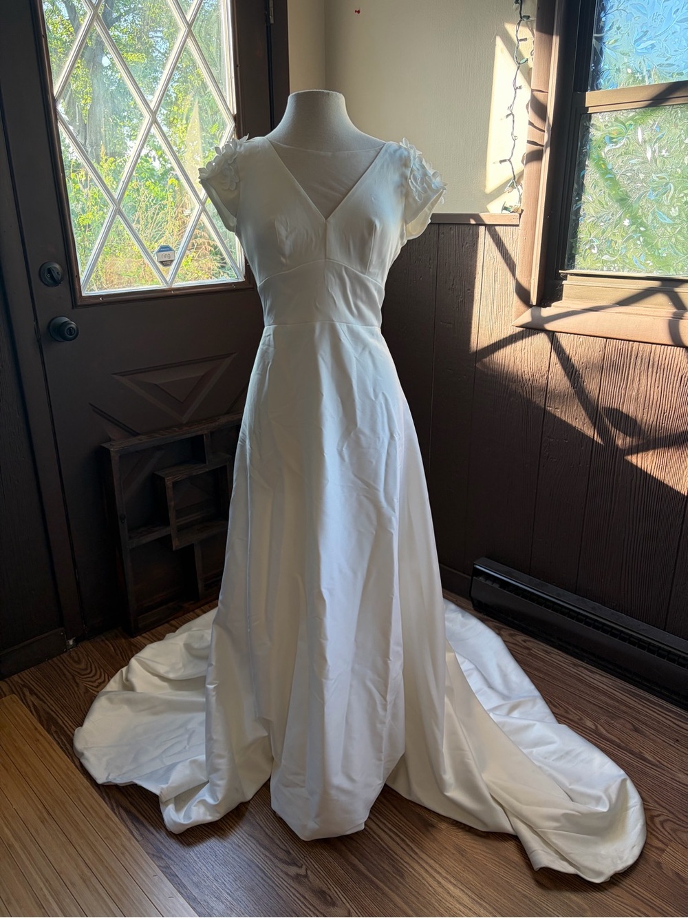 Wedding Dress by Miranda V-Neck Bridal Gown, Cap Sleeve Floral Detai